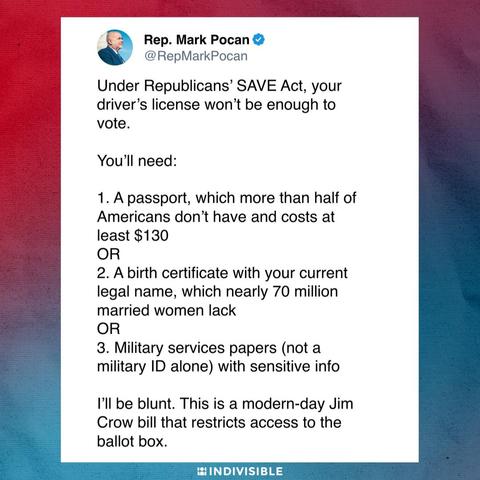Tweet from Rep. Mark Pocan discussing the cost and documents required for voting, including a passport, a birth certificate, and military service papers, criticizing these as modern-day poll taxes.


