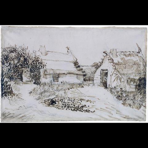 This is a sketch of a rural landscape, possibly by Vincent van Gogh. It depicts a thatched cottage with a gabled roof, surrounded by trees and foliage. The artwork uses a muted color palette and shows Van Gogh’s distinctive style in line work, creating texture and depth through the interplay of lines and shading.