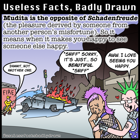 Mudita is the opposite of Schadenfreude (the pleasure derived by someone from another person's misfortune). So it means when it makes you happy to see someone else happy.