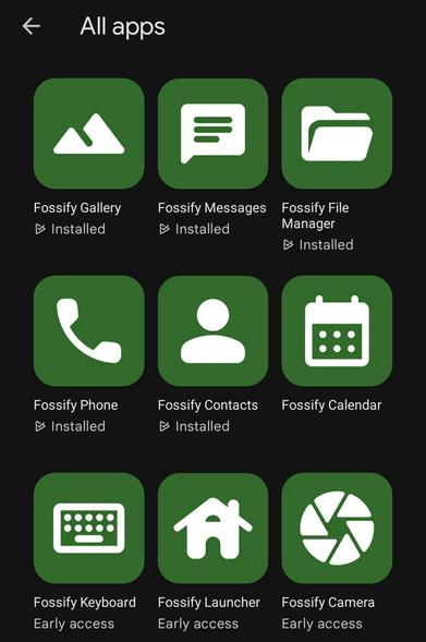 Skjermdump som viser ikonene til apper fra Fossify: Gallery, Messages, File Manager, Phone, Contacts, Calendar, Keyboard, Launcher, Camera