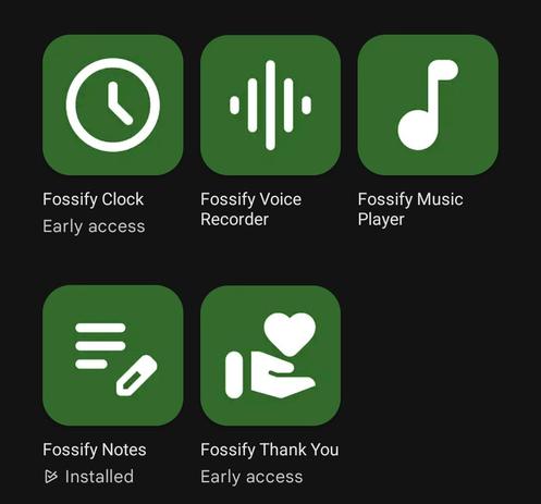 Skjermdump som viser flere av ikonene til apper fra Fossify: Click, Voice Recorder, Music Player, Notes og Thank you (en donasjonsapp)