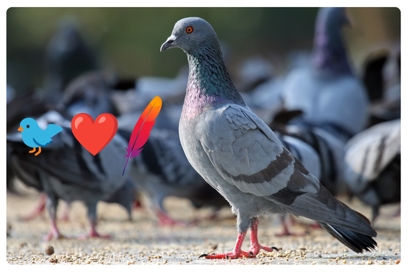 A pigeon standing in a flock alongside an image of a bird, a heart emoji, and the Apache software foundation feather.