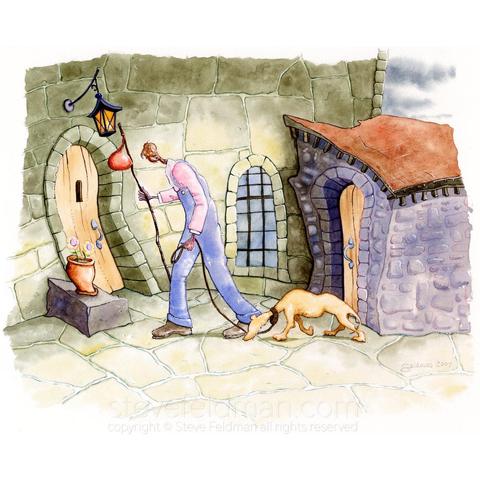 Mummified Pilgrims is a quirky watercolor painting of a figure and accompanying dog walking through a medieval town.
