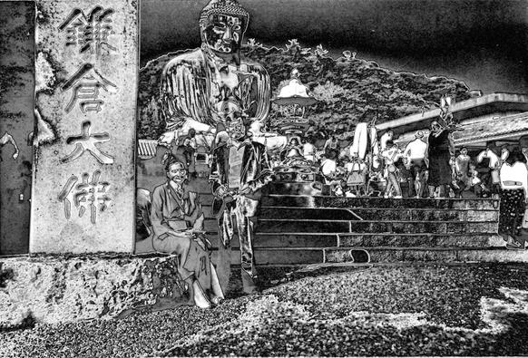Great Buddha of Kamakura Tourist Attraction - Black-and-White Solarization (Double Outline)