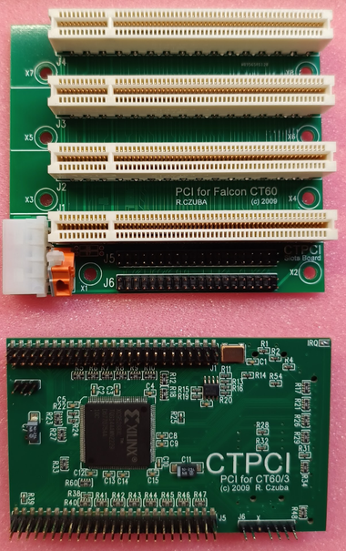 Top: A PCI backplane with 4 sockets on a green board
Bottom: A green board (a CTPCI). A large, black IC (an FPGA) can be seen in the centre. Pin headers can be seen at the edges. The board looks a bit like a Raspberry Pi