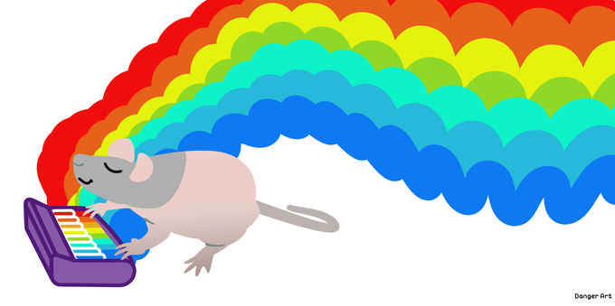 my artistic interpretation of the classic photo "Neil banging out the tunes" where a cute rat is playing a tiny little keyboard piano.  I added rainbow waves emanating from his instrument and a little smile on his face.