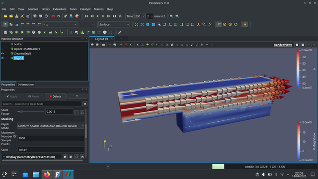 Screenshot of Paraview showing a fluid flow through a small stepped square tube. The tube ranges in colour blue to red and is covered in small arrows depicting flow. 