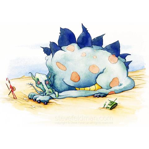 My fanciful watercolor painting “The Sleeping Dinosaur in the Instant Before She Fully Awakens and Attempts to Reconcile the Apparent Disparity in Size and Time Period of Her Adversaries” shows a large combination stegosaurus dragon type beast just waking up as she is confronted by a Roman era type warrior on one side and on the other a tank.