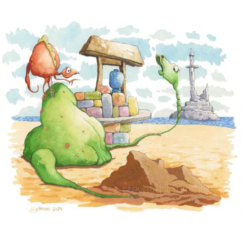 My watercolor painting titled Resentment and Confusion a Stone's Throw from the Wistful Sea of Remembrance is a melancholy mood piece represented by two fanciful creatures on a desolate beach with a medieval ruin on a small island visible and a small stone and wood construction immediately behind the two beasts.