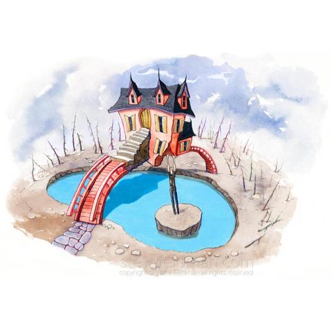 This watercolor painting titled Dexelman Avoiding the Shadow of His Responsibilities is a quirky depiction of a man attempting to support a house on a bridge from an impossible position underneath. 