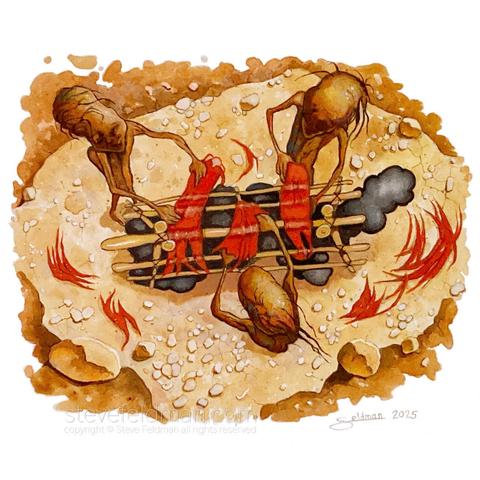 My watercolor painting titled The Fool Cut into Pieces and Smoked over an Open Fire by Sorrow, Guilt and Betrayal portrays three strange mummified like figures placing strips of red meat onto a wooden framework over a smoky fire.