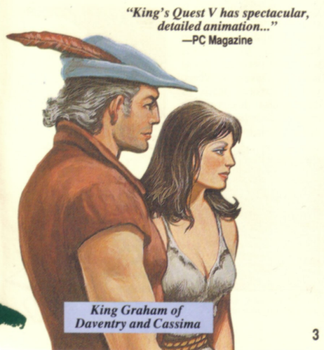 A scan of part of a page from Sierra's 1991 catalog, showing painted art of King Graham and Cassima standing together from the ending of King's Quest V, with the potentially ambiguous caption "King Graham of Daventry and Cassima".