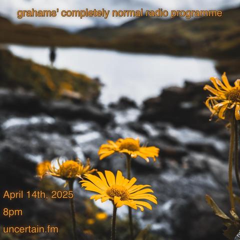 Yellow flowers before a body of water, a person blurred in the background.

Orange text overlaid promoting a radio show, details in the main post.