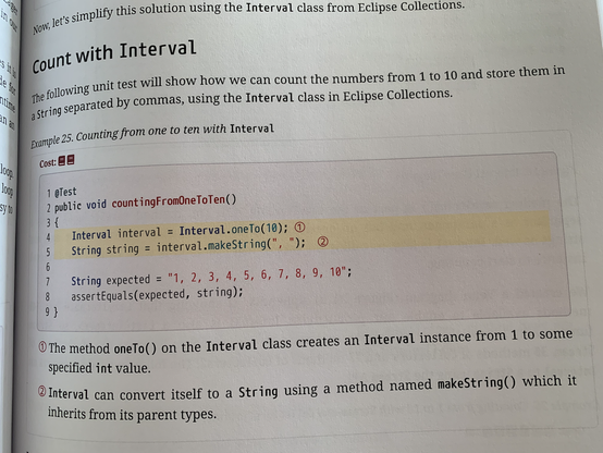 Picture of partial page from Eclipse Collections Categorically with color syntax highlighted code example.