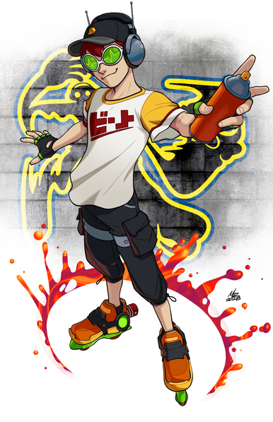 A fan redesign of Beat from Jet Set Radio, with a background featuring Beat's graffiti and a splash of paint around his feet