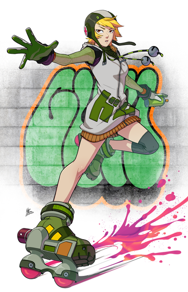 A fan redesign of Gum from Jet Set Radio, with a background featuring Gum's graffiti and a splash of paint following her foot's movement