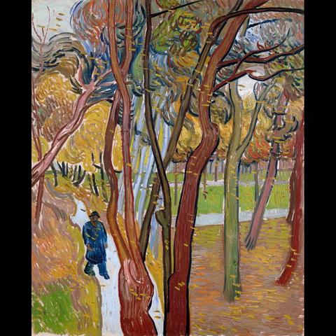 This is a painting that captures an impressionist landscape. The colors are vibrant and dominated by warm tones, with yellows, oranges, and reds creating a sense of brightness against the green foliage of trees. A pathway meanders through the scene, inviting the viewer to imagine walking along it. There’s no text present in this painting. The brushstrokes are broad and expressive, characteristic of Van Gogh’s unique style. This work belongs to the Post-Impressionism genre and features a blend of naturalistic and abstract elements.