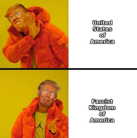 Drake meme with Trump face

Top (NO CASE)
"United States of America"

Bottom (YES CASE)
"Fascist Kingdom of America"