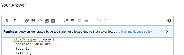 A screenshot of the Stack Overflow alert to not post answers generated by AI, and a link to their AI policy.