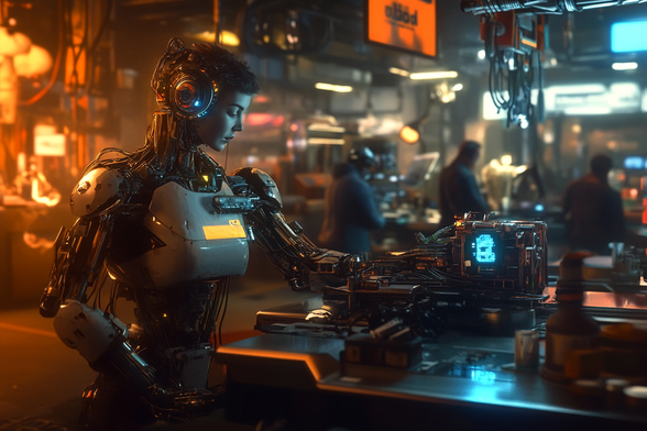 A 90% robotic human woman with sleek metallic limbs and glowing cybernetic enhancements works efficiently in a high-tech factory, surrounded by futuristic machinery
