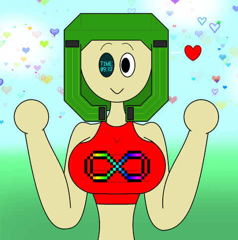 Drawing of a happy Caesium wearing a red top with a rainbow infinity (#ActuallyAutistic) symbol printed on it. A couple colorful hearts can be seen in the background.