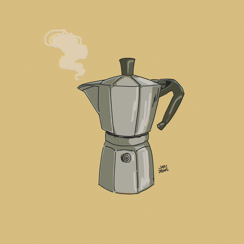 A digital drawing of a metal colored bialetti against a muted yellow background.