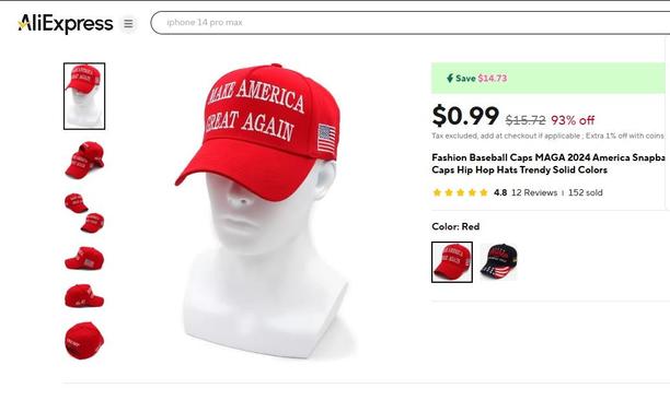Screenshot van een cap met de tekst "Make America Great Again" weergegeven op een website, met focus op de kleur en het ontwerp.