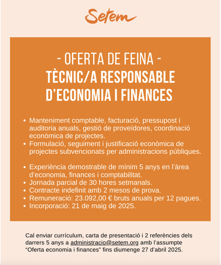 Oferta de feina tècnica responsable d'economia i finances.
