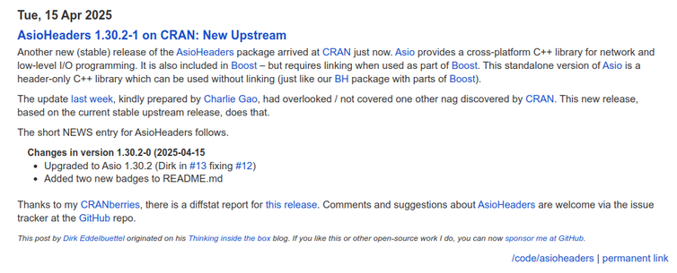 Screenshot of blog post at https://dirk.eddelbuettel.com/blog/2025/04/15#asioheaders_1.30.2-1 describing release 1.30.2-1 of CRAN package AsioHeaders