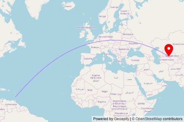 A map showing the great circle route from Kingstown in Saint Vincent and The Grenadines to a map pin at Darvesh iyshan meshiti, A380, Beruniy, Republic of Karakalpakstan, Uzbekistan, 230200
