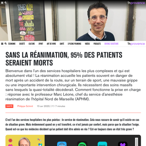 Page d’accueil de l’article MProvence avec le titre en lettres capitales « Sans la réanimation, 95 % des patients seraient morts » et une photo du Pr Marc Léone, chef du service anesthésie-réanimation de l’Hôpital Nord AP-HM, souriant, debout devant une cloison vitrée.
