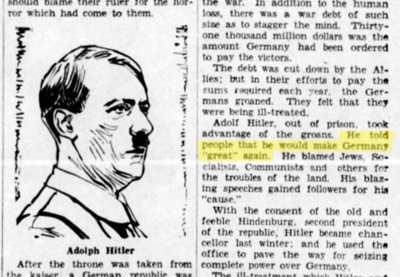 Newspaper clipping from 1934 of Hitler promising to "Make Germany Great Again".