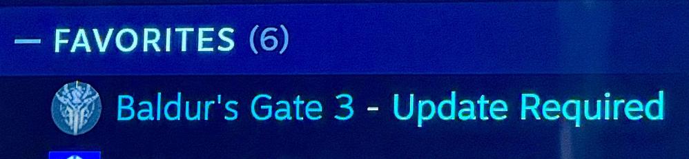 Picture of my Steam library listing for Baldur’s Gate 3 marked “update required” 