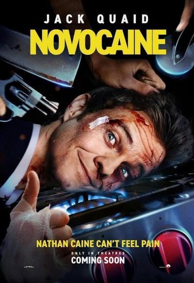 Portada de Novocaine con un herido y amenazado Jack Quaid como Nathan Caine.