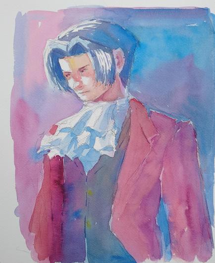 A watercolor illustration of Miles Edgeworth from the ace attorney series. He's looking down and to the left, rather pensive.