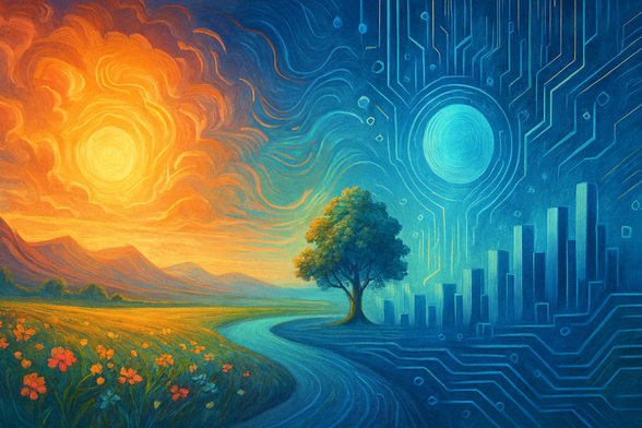 A dreamlike, symmetrical digital landscape contrasting nature and books on one side with futuristic cityscapes and circuits on the other, divided by a glowing river of light.