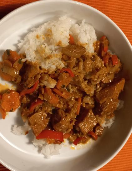 White Plate with rice and jack fruit curry