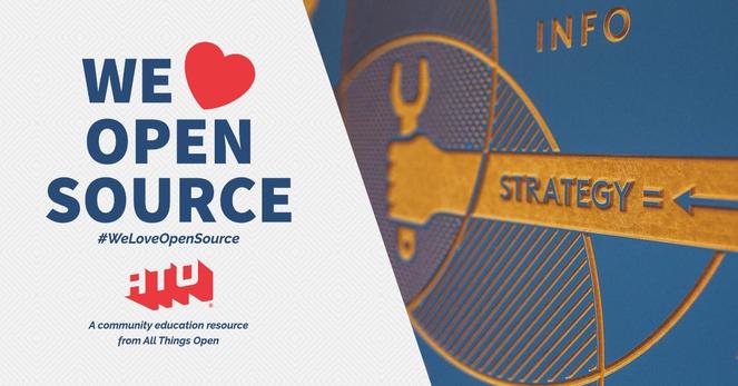 Left side says We Love Open Source. #WeLoveOpenSource. ATO. A community education resource from All Things Open. Right side has an arm that says strategy = <- holding a wrench.