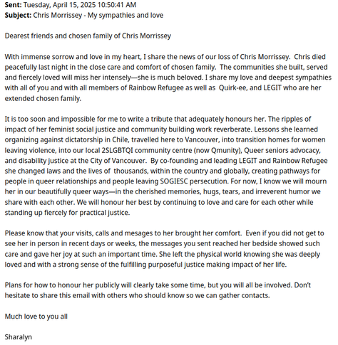🇨🇦 🏳️‍🌈 Very sad to report that Chris Morrissey, OC passed away ...

www.instagram.com/p/DIeuygtzKA6/

www.dignityseniors.org/news-communi...

#Canada #OC #OrderOfCanada #LGBTQ #2SLGBTQIA+ #Vancouver #ChrisMorrissey