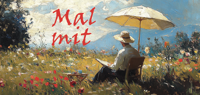 Ein Maler sitzt unter einem Sonnenschirm und schaut in die Landschaft. Neben ihm eine Staffelei. Er malt. die Landschaft.