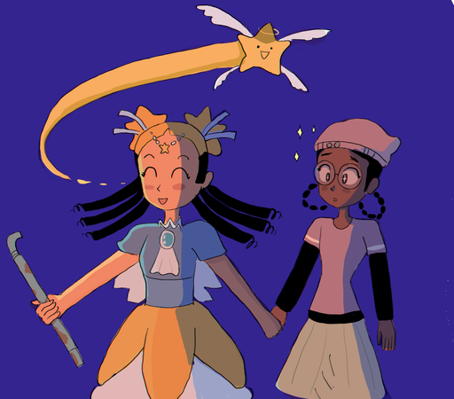 Fanart of two characters (Aika and Zira) holding hands. 