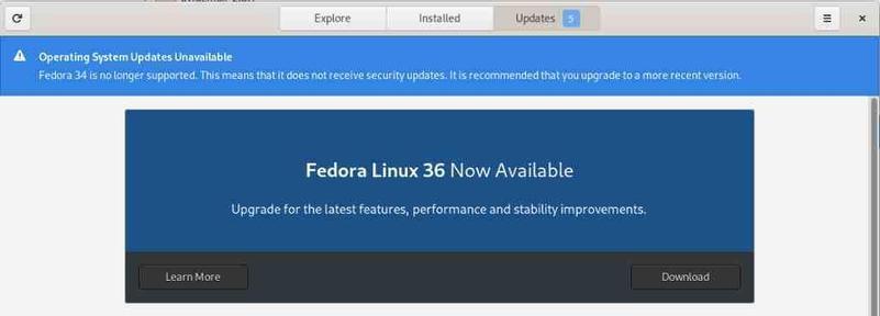 Bildschirmfoto zeigt Updatehinweis von Fedora Linux Version 34 auf Version 36.
