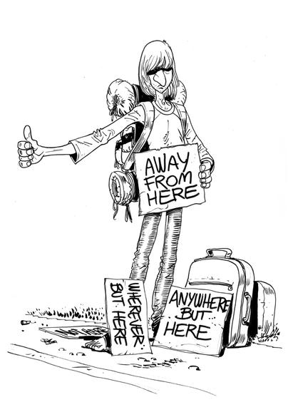 a man hitch-hiking to go anywhere but here