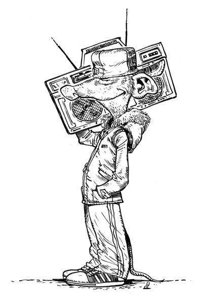 An anthropomorphic rat holding a boombox