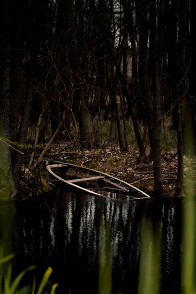 The image shows a quiet, dark forest scene. In the foreground, a small wooden rowboat lies partially submerged in a still, black pond. The boat is tilted slightly to one side and appears weathered and abandoned, with visible damage to its structure. The water reflects the surrounding trees, which are tall, bare, and densely packed, suggesting a late autumn or early winter setting. The ground is covered with dry leaves and sparse patches of grass. The lighting is dim, and the overall mood of the image is calm but somber. Some tall green blades of grass are visible in the blurred foreground, adding depth to the image.

(alt text ai-generated)