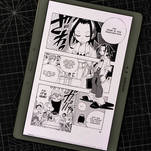 A manga panel for Shaman King showing the protagonist Yoh Asakura introducing himself to his new classmates and Manta freaking out.