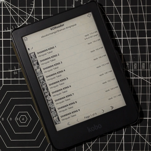 A Kobo Clara HD showing a list of Shaman King epubs.