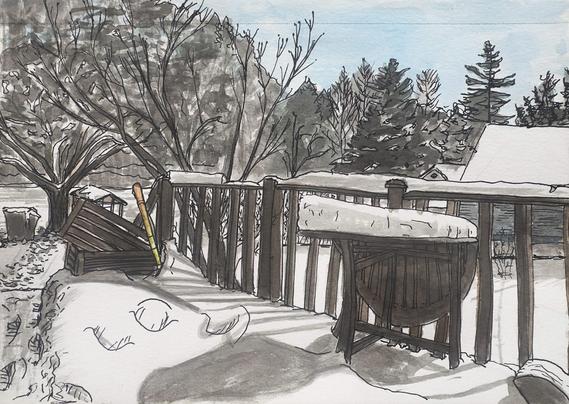Pen, ink, watercolor, cartoonish drawing of my back porch covered in snow. With footsteps going into the yard, shadows from the deck, railing, and a blue sky.