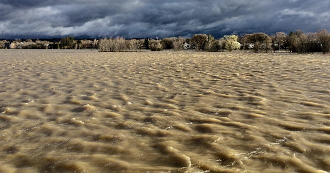 A view across Wolastoq, Fredericton,NB. The river is in full spring flood and the sun illuminates the massive sediment load in the water. In the background, trees and houses sit silently awaiting their fate.