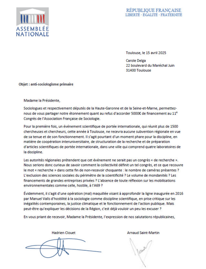 L'équipe de rédaction d'Academia (16 avril 2025). Anti-sociologisme primaire. Lettre à Carole Delga, présidente de la région Occitanie, par les députés LFI Clouet et Arnaud Saint-Martin. Academia. Consulté le 16 avril 2025 à l’adresse https://doi.org/10.58079/13rcf